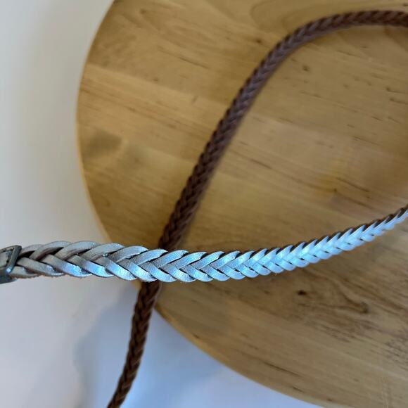 J. Crew Silver Metallic Genuine Leather Thin Skinny Woven Belt Size Large - Picture 10 of 12